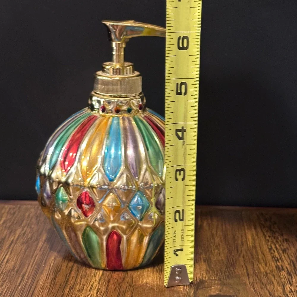 Vintage Allure 1998 Multi Color Glass Soap Dispenser Gold Pump Bohemian Decor